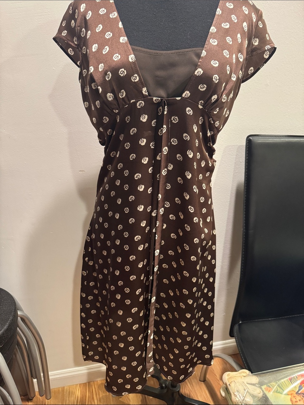 Brown Printed V-Neck Women's Dress